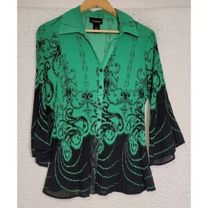 Lane Bryant Women's Long Sleeve Pleated Blouse 14/16 Button Top Green Black 1020